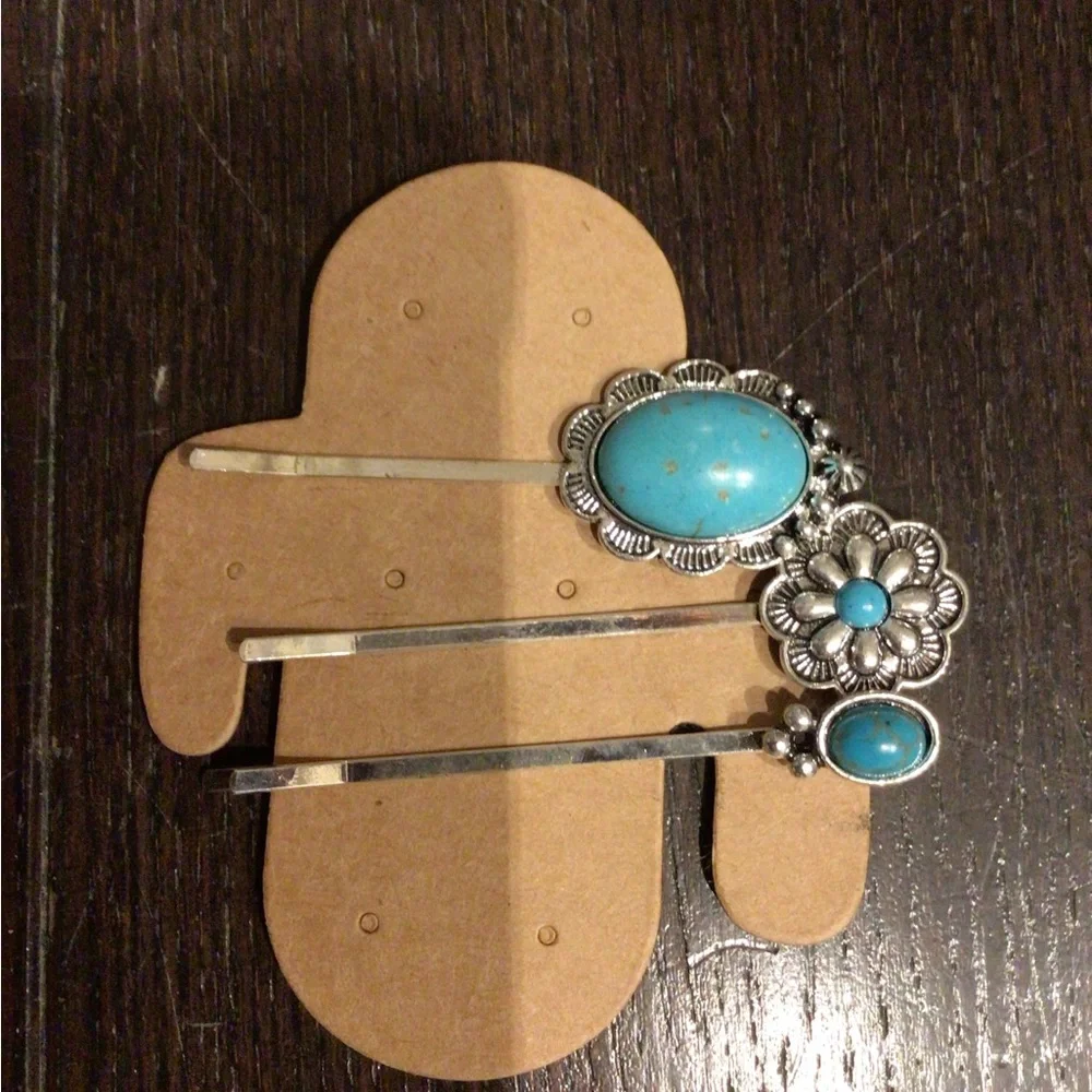 NEW Faux Turquoise Floral Silver-Tone Hair Clip Set barrettes